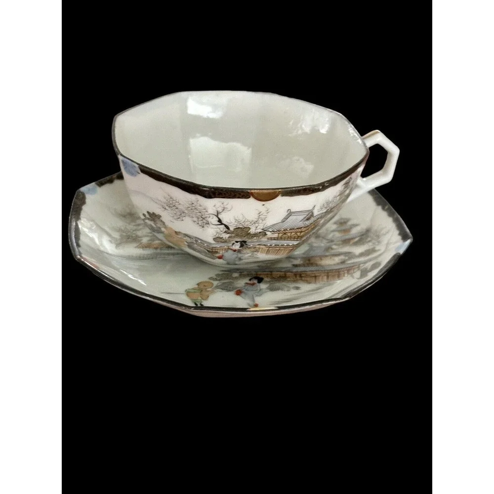 Kutani Egg Shell Porcelain Octagon Mountain Village Cup and Saucer Meiji Period